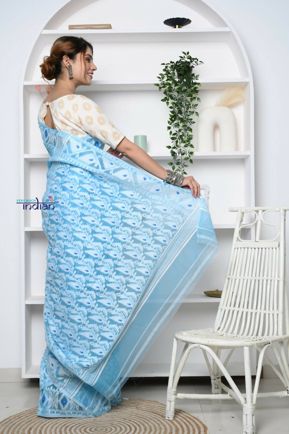 Very Much Indian Jamdhani Cotton Saree - Powder Blue | Grocsy