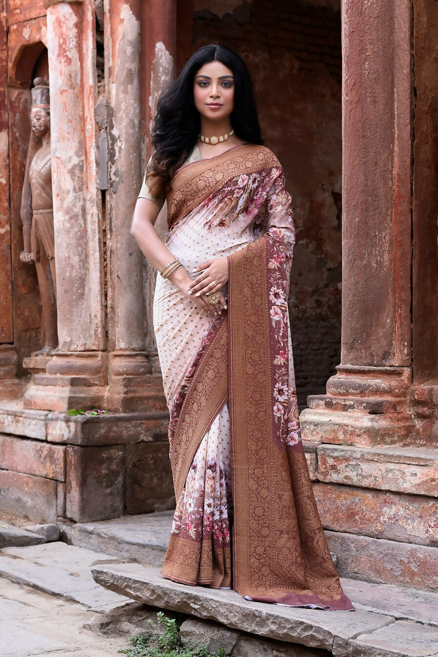 Joban Fashion Ivory And Dusty Rose Crepe Chiffon Pure Handloom Banarasi Silk Saree | Grocsy