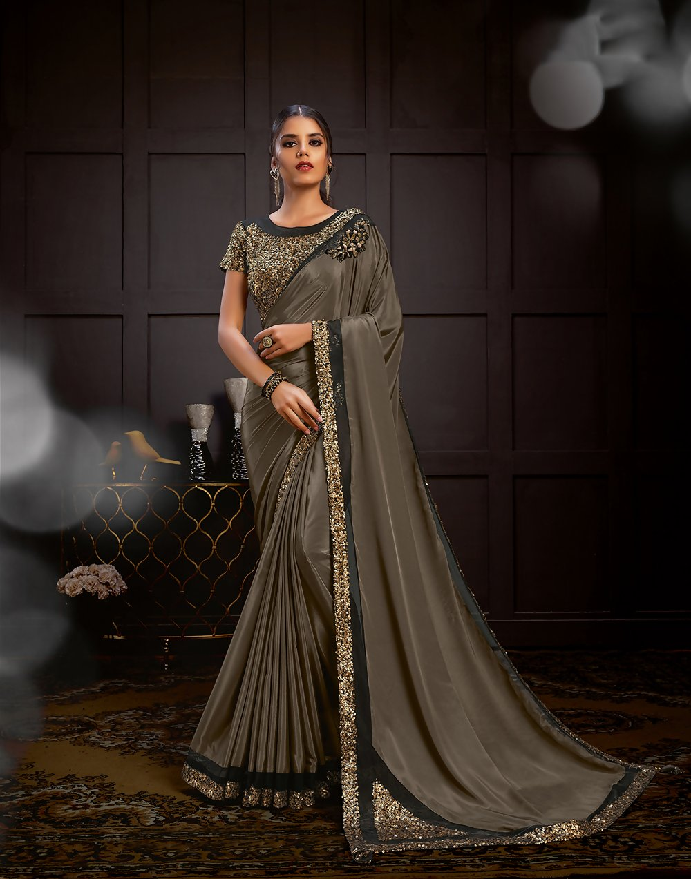 Dark Cream Satin Georgetteresham , Cord And Sequins Embroidery, Frill Details Saree - Norita Hit | Grocsy
