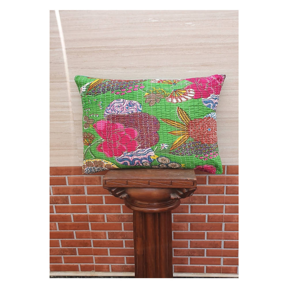 The Decor Nook Parrot Green Base With Multicolour Flowers Print Cushion Cover | Grocsy