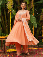 Janasya Peach Georgette Sequined Kurta,Bottom & Dupatta | Grocsy