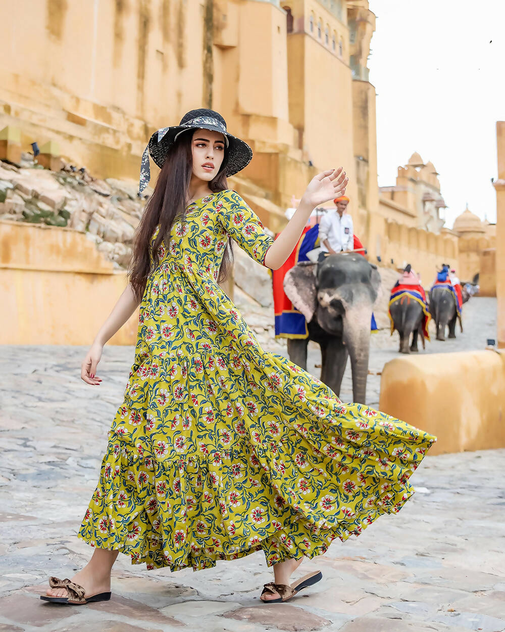 Designer Partywear Printed Yellow Pure Maslin Gown - Anbazaar | Grocsy