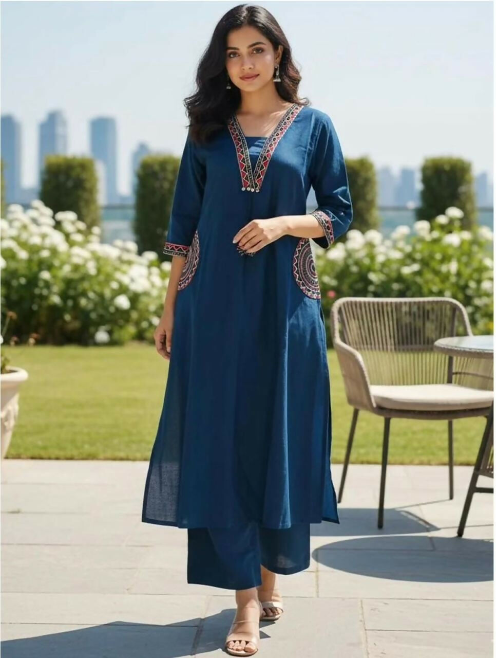 Miravan Womens Blue Straight Kurta With Palazzo Set | Grocsy