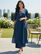 Miravan Womens Blue Straight Kurta With Palazzo Set | Grocsy