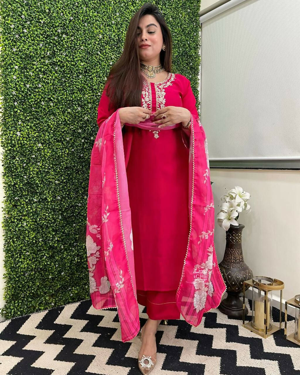The52 Rani Women's Beautiful Viscose Chanderi Fabric Embroidered Work Straight Kurta Pant and Dupatta Set | Grocsy