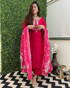 The52 Rani Women's Beautiful Viscose Chanderi Fabric Embroidered Work Straight Kurta Pant and Dupatta Set | Grocsy
