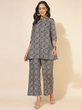 Janasya Women's Blue Cotton Ethnic Motifs Casual Regular Co-ords | Grocsy