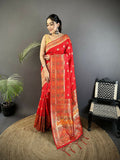 Joban Fashion Carmine Red Geometric Pattern Soft Silk Patola Saree | Grocsy