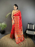 Joban Fashion Carmine Red Geometric Pattern Soft Silk Patola Saree | Grocsy