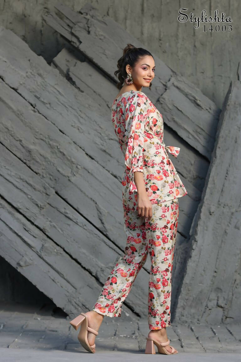 Women's Partywear Designer White & Multi Muslin co-ord set - Stylishta | Grocsy