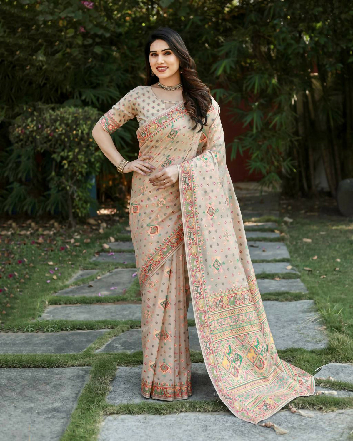 Vastranavya Luxury and Beautiful Soft, Smooth, Flowing Original Pashmina Soft Cotton Saree with Matching Blouse Fabric - Beige | Grocsy