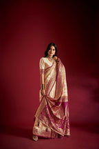 Joban Fashion Cream & Light Pink Plain With Weaving Border Banarasi Silk Sarees | Grocsy