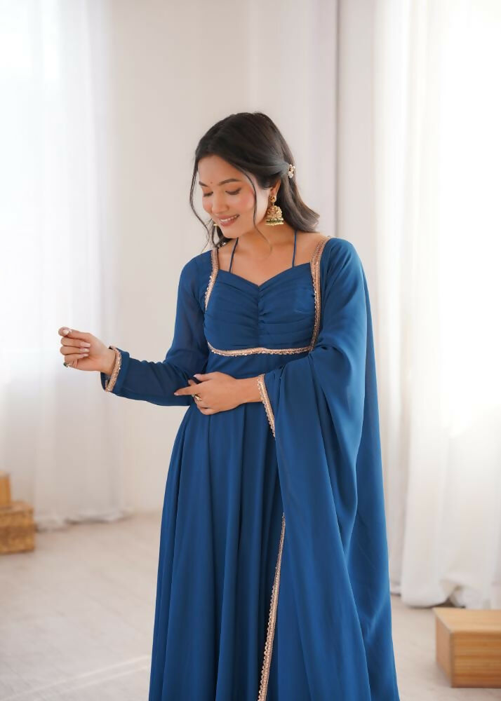 The52 Women's Gorgeous Solid Fox Blooming Georgette Fabric Flared Anarkali and Dupatta Set-Teal Blue | Grocsy