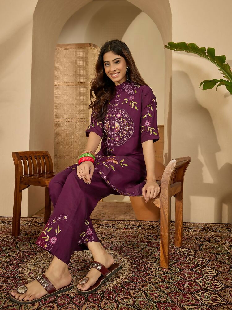 Joban Fashion Women Purple Roman Silk Embroidered Stitched Kurta Set | Grocsy