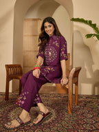 Joban Fashion Women Purple Roman Silk Embroidered Stitched Kurta Set | Grocsy