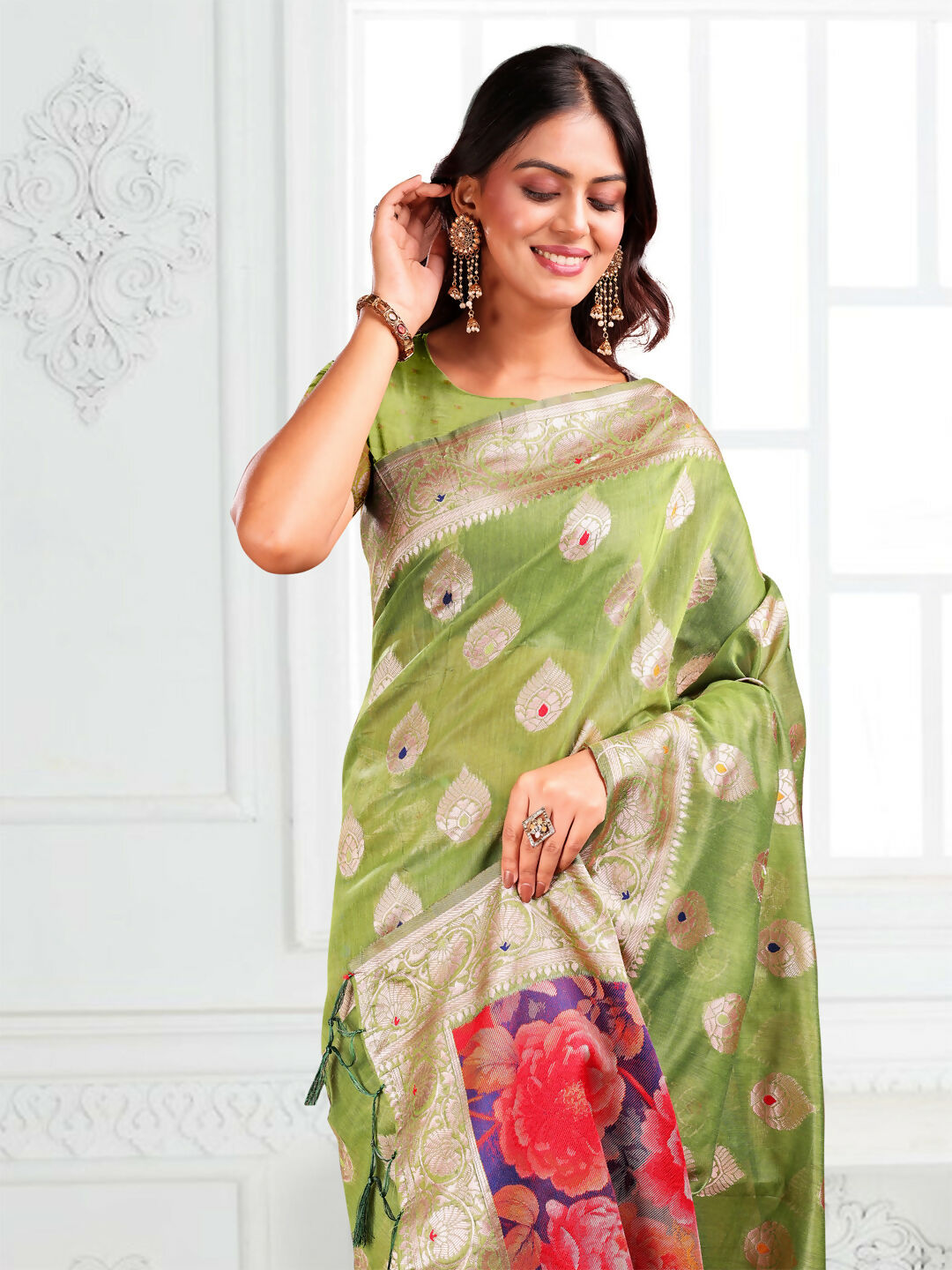 Shree Shyam Fashion Linen Cotton Green Saree | Grocsy