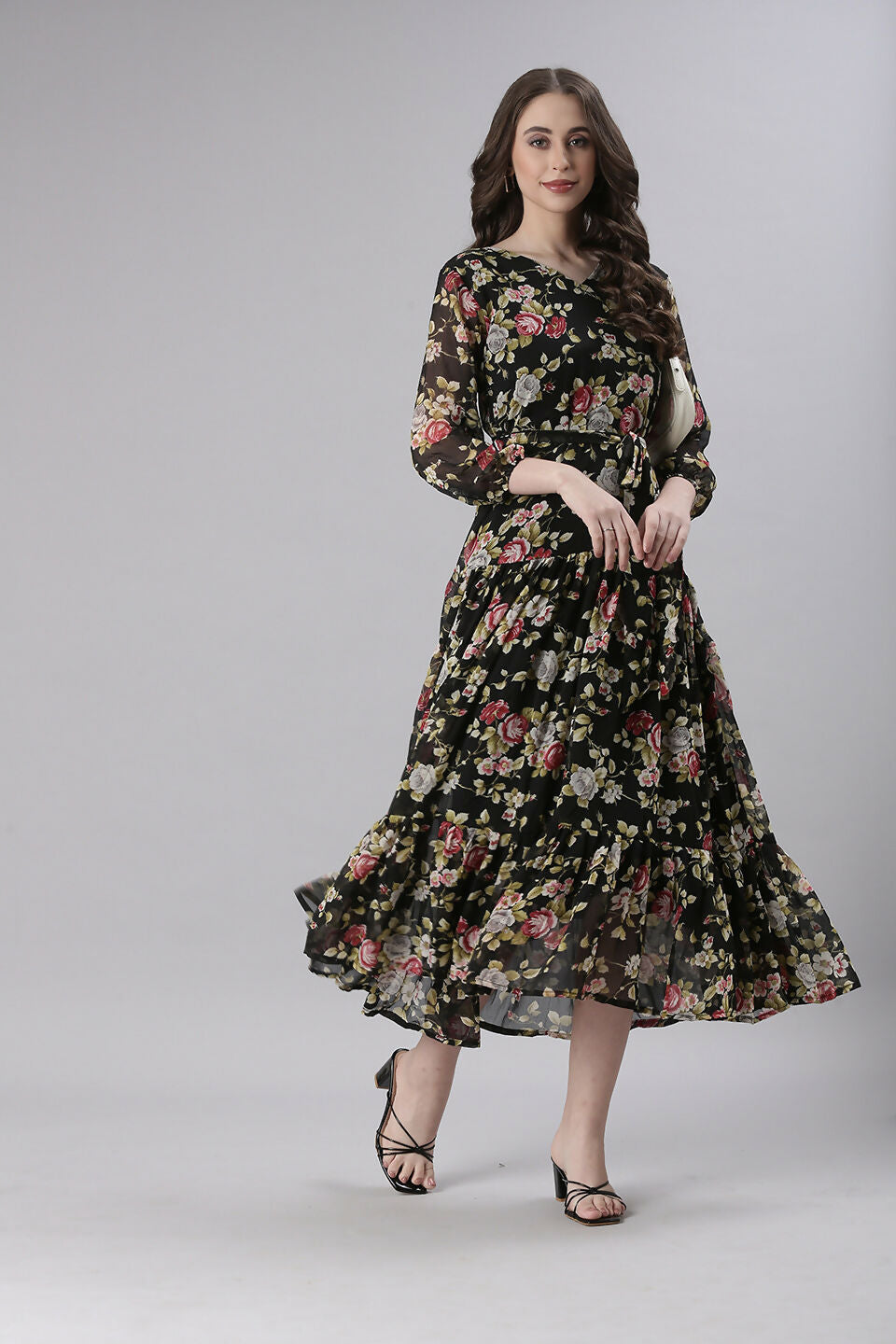 Souchii Black Floral Chiffon Dress | Grocsy