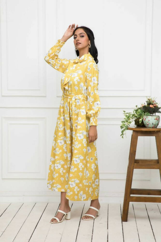 Myshka Women Yellow-Floral Rayon A-Line Shirt Collar Dress | Grocsy