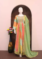 Vastranavya Turquoise Muslin Printed Sequins Beads Work Abaya Style Anarkali Suit | Grocsy
