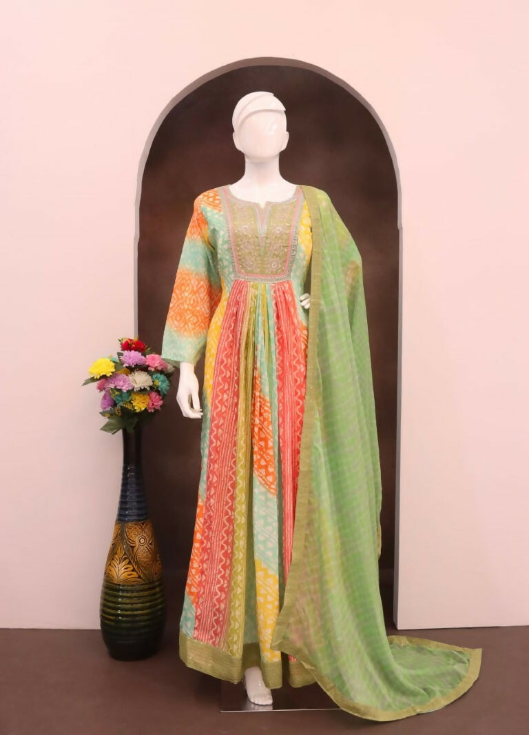 Vastranavya Turquoise Muslin Printed Sequins Beads Work Abaya Style Anarkali Suit | Grocsy