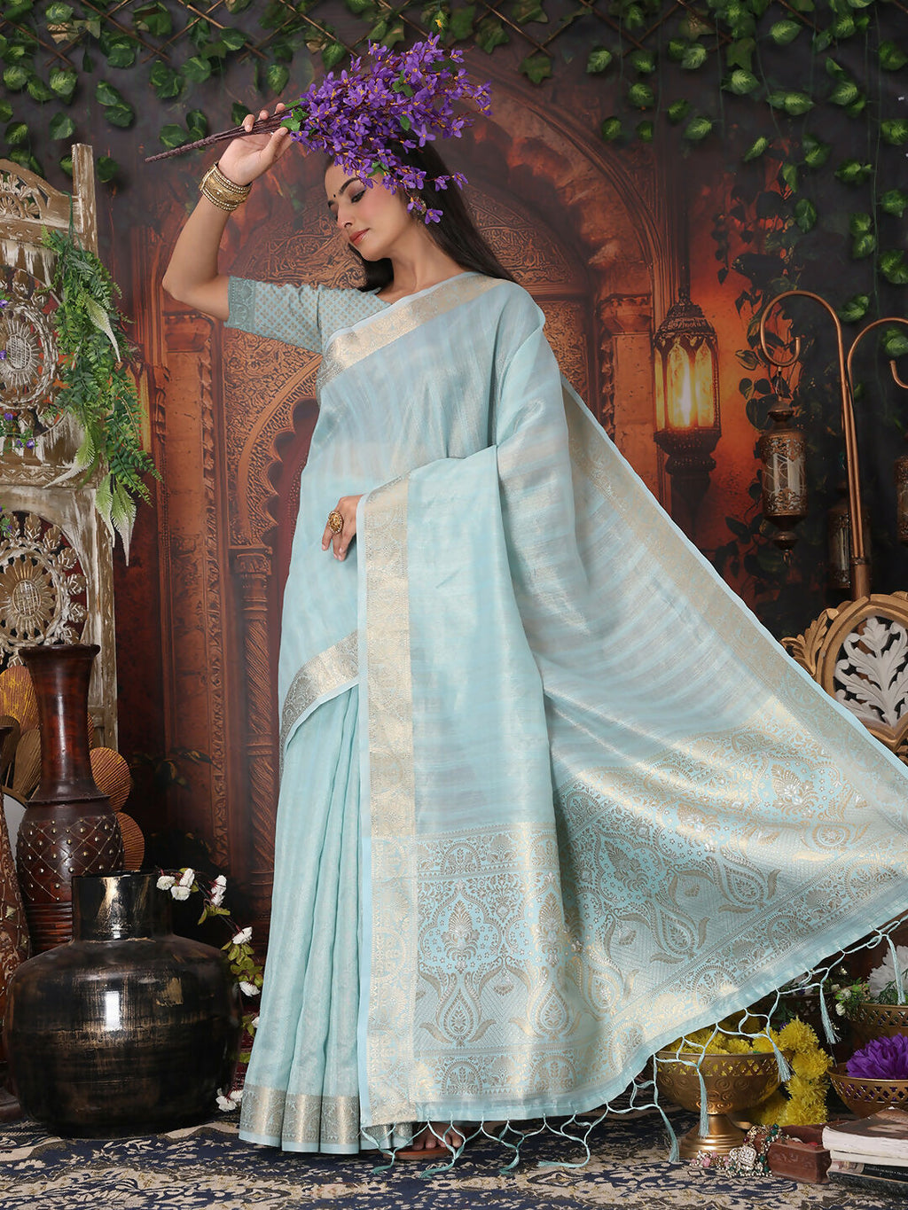 Shree Shyam Fashion Organza Sky Blue Saree | Grocsy