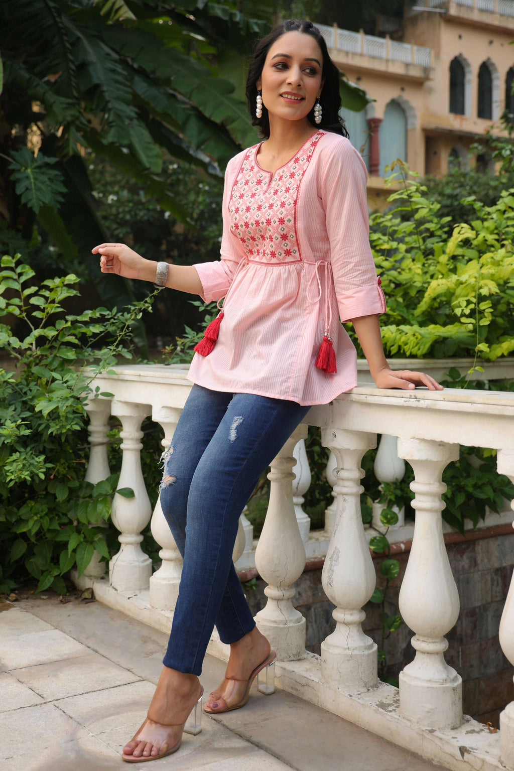 Juniper Women's Peach Cotton Dobby Solid Embroidered Straight Tunic | Grocsy