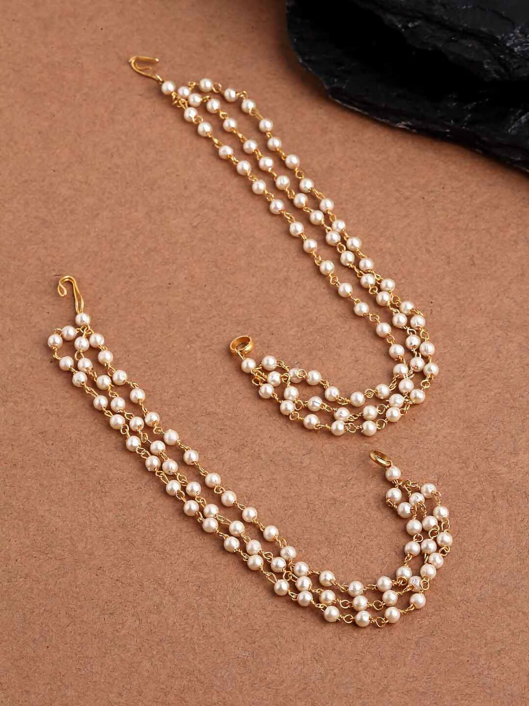 NVR Pearl Studded Classic Gold-Polished 3 Line Ear Chain Ear Cuff | Grocsy