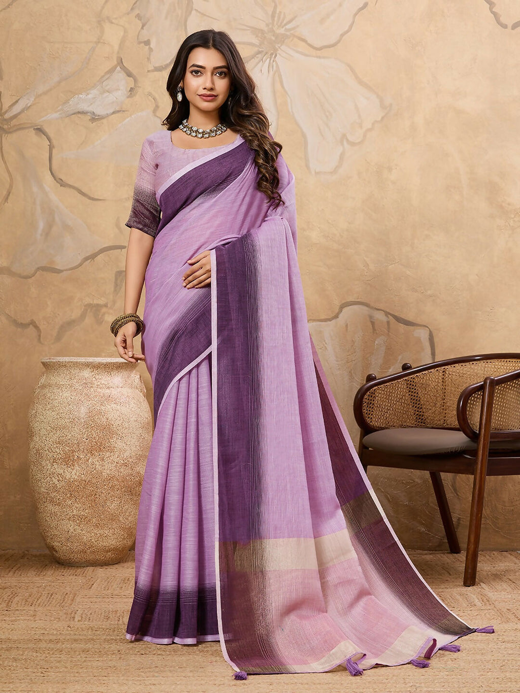 Shree Shyam Fashion Purple Linen Saree | Grocsy