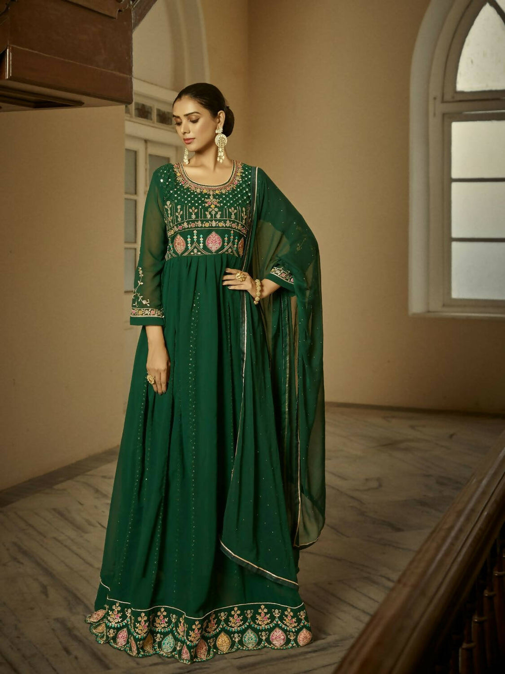 Green Heavy Faux Georgette Anarkali Embroidered Kurta Set - Dhvani | Grocsy