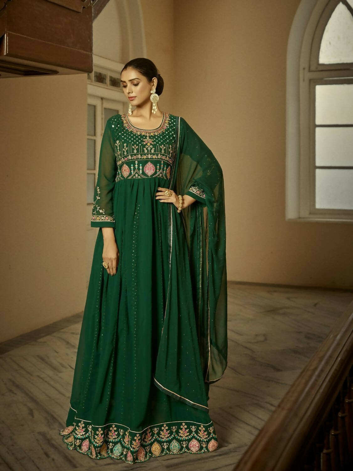 Green Heavy Faux Georgette Anarkali Embroidered Kurta Set - Dhvani | Grocsy