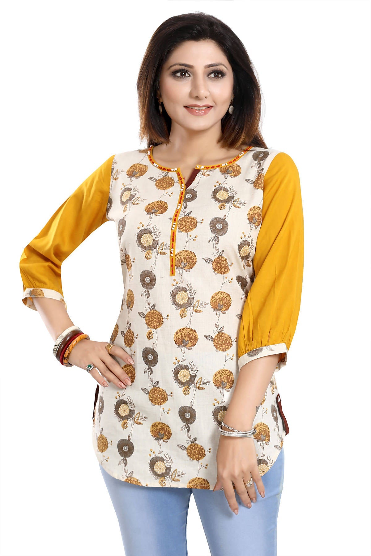 Snehal Creations Cream Cotton Printed Apple-Cut Short Tunic | Grocsy