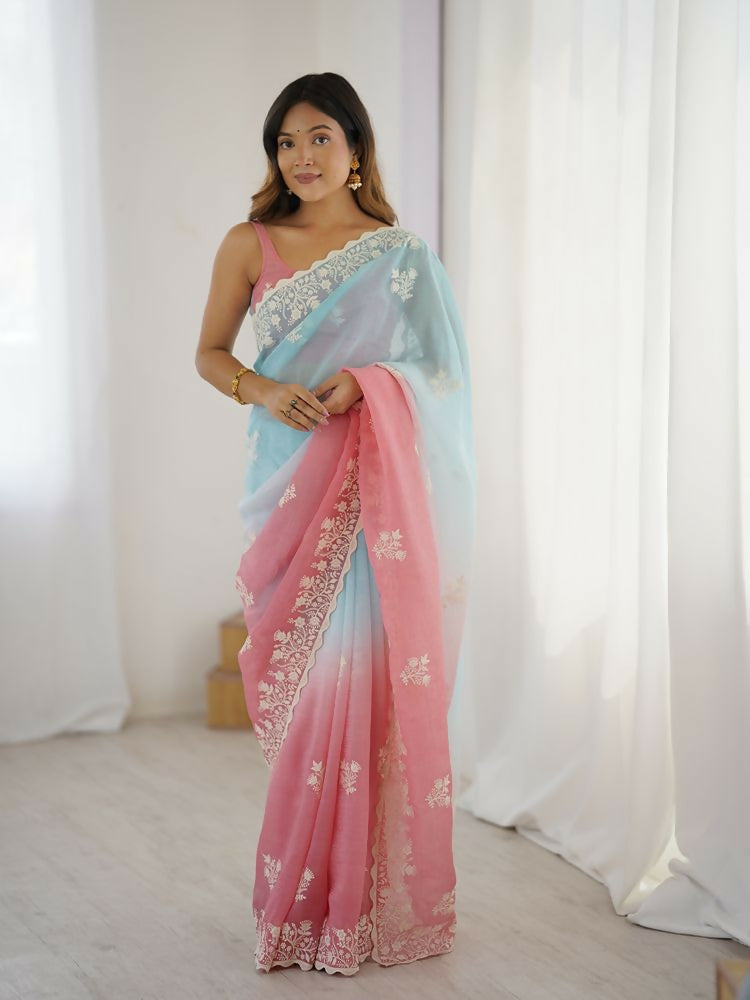 Rust Crunchy Silk Embroidery Work Party Wear Saree - Lakshita | Grocsy