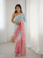 Rust Crunchy Silk Embroidery Work Party Wear Saree - Lakshita | Grocsy