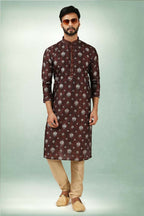 Raivat Ethnic Art Silk Printed Work Kurta Pajama In Brown Colour | Grocsy