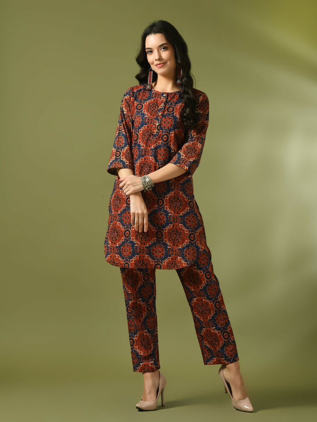 Myshka Women's Multi Printed Cotton Round Neck Party Tunic With Trousers Co-ord set | Grocsy