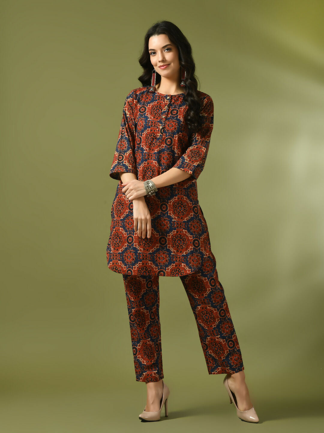 Myshka Women's Multi Printed Cotton Round Neck Party Tunic With Trousers Co-ord set | Grocsy