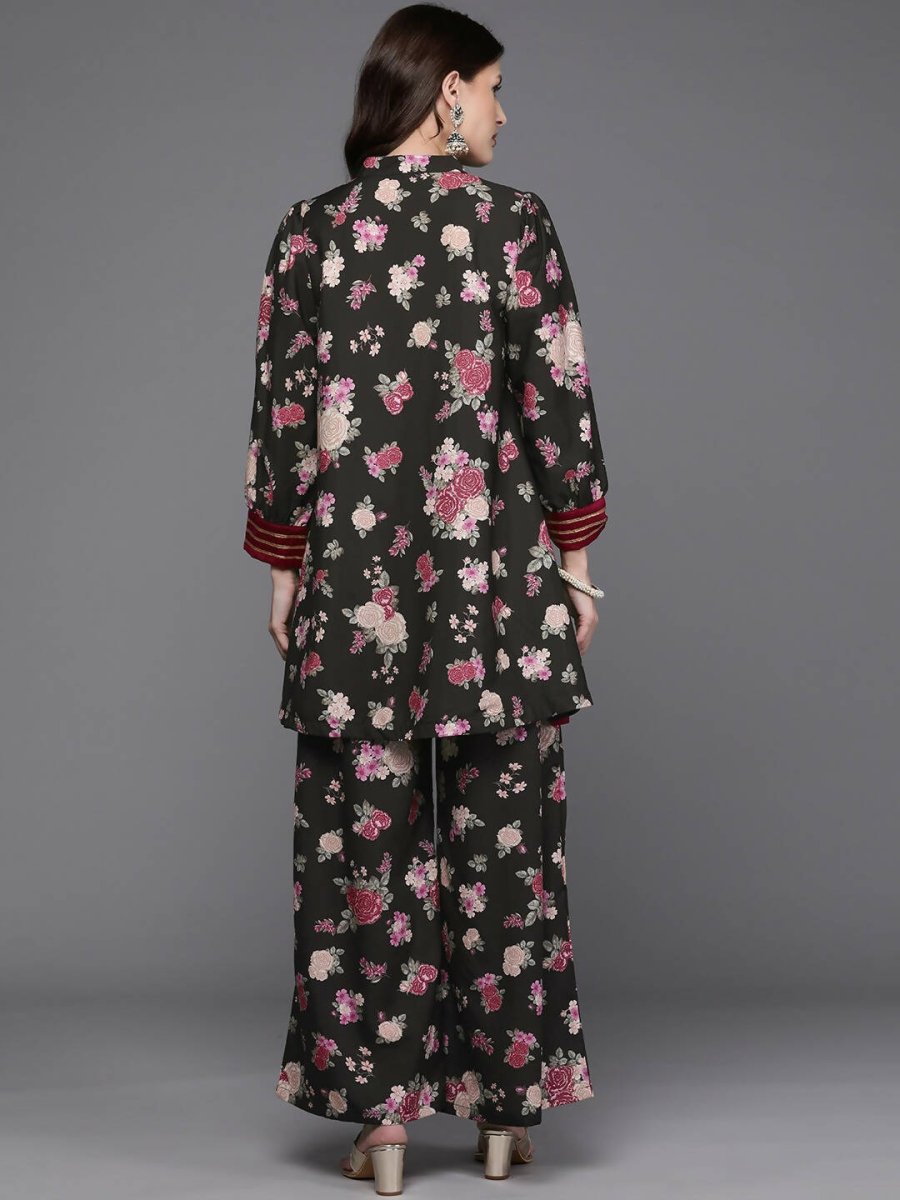 Ahalyaa Women Floral Printed Tunic with Palazzos - Black Color | Grocsy