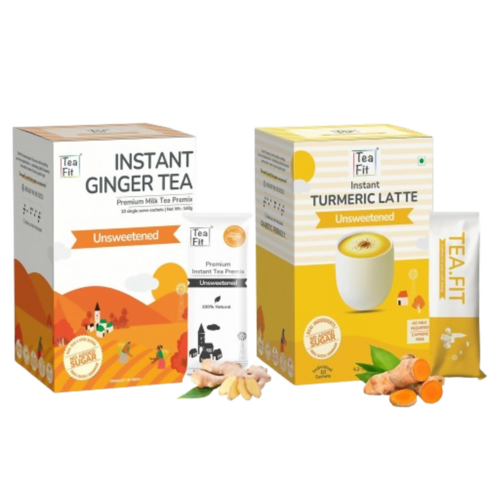 TeaFit AM/PM Wellness No Sugar Tea Premix - Ginger Tea & Turmeric Latte | Grocsy