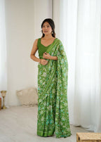 PR Fashion Green Bright Moss Satin Patta Printed Saree | Grocsy