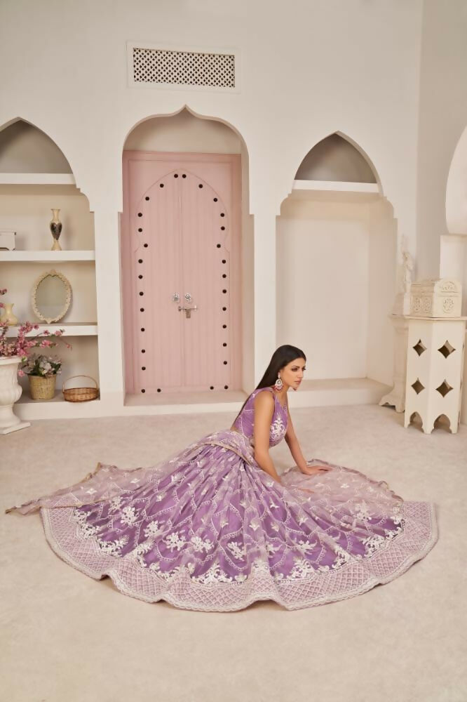 Aastha Fashion Lavender Butterfly Net White Cotton Thread Work, Zari Work And Sandwich Sequence Work Embroidery Wedding Wear Lehenga Choli | Grocsy