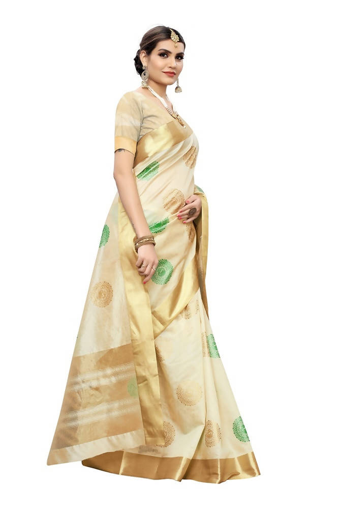 Vamika Cream Cotton Polyester Silk Weaving Saree | Grocsy