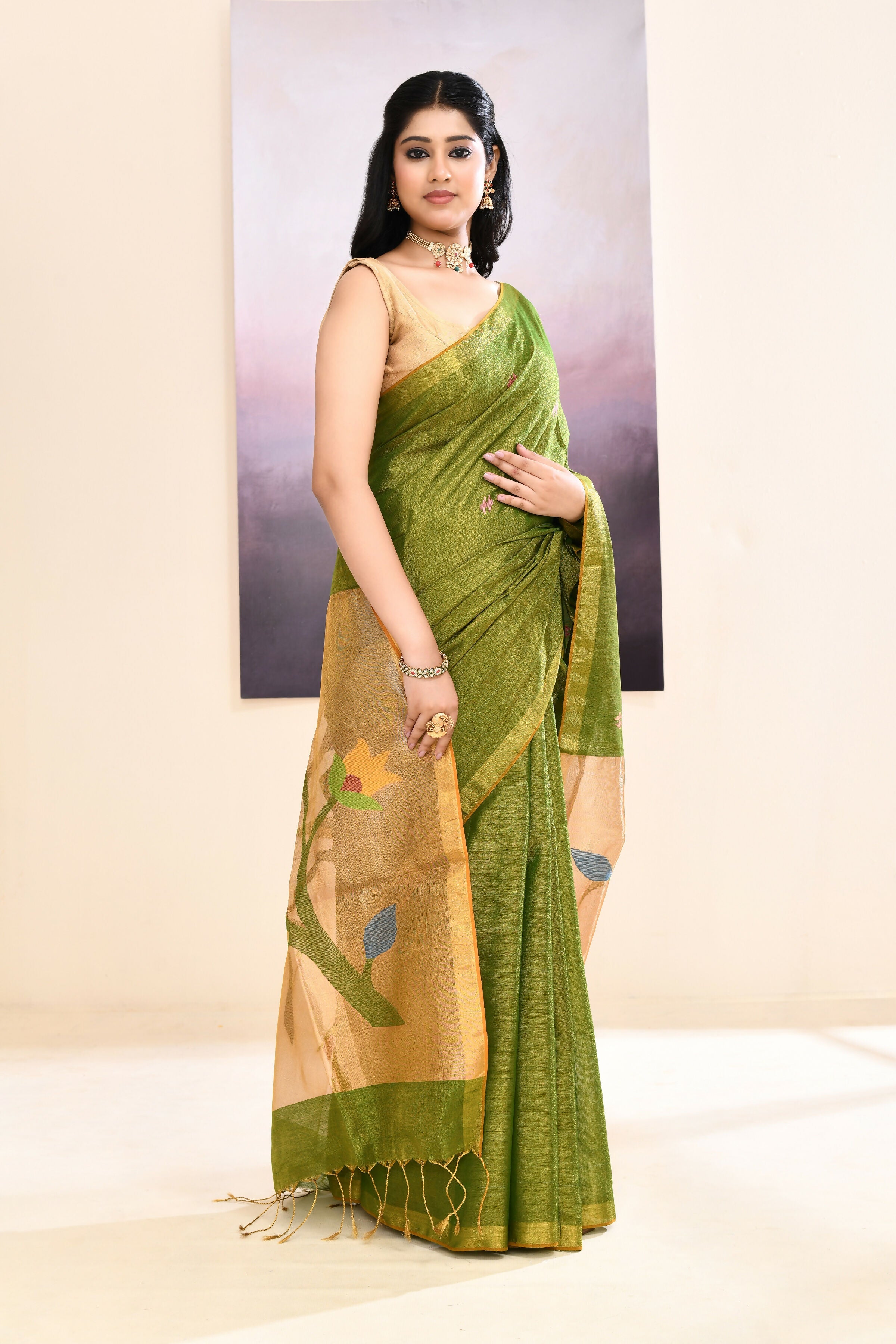 Piyari Fashion Women's Olive Embellished Tissue Jamdani Saree | Grocsy
