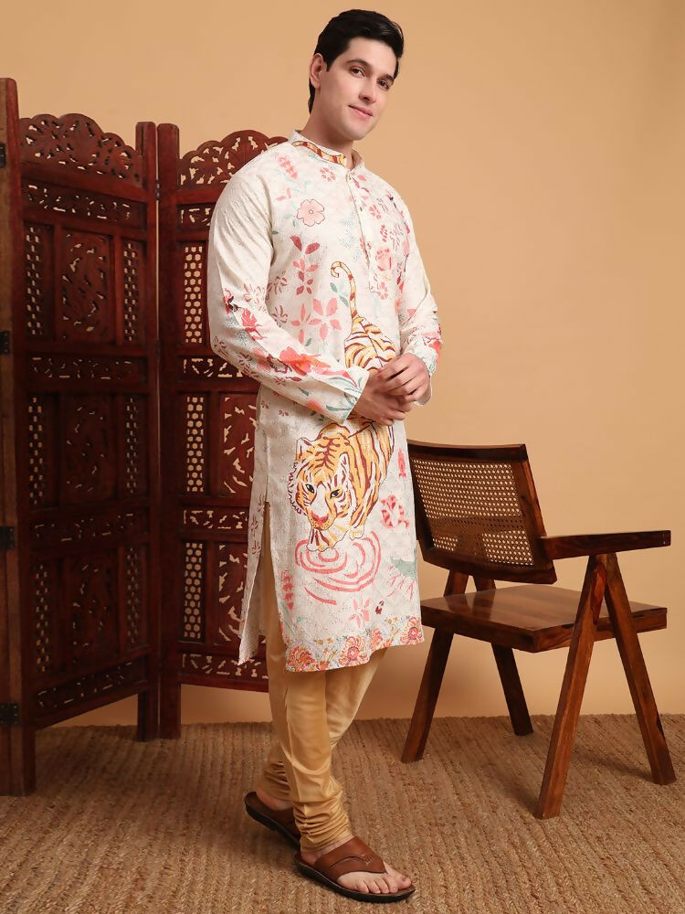 Off White Cotton Printed Chikankari Embroidery Work Kurta - Mahotsav | Grocsy