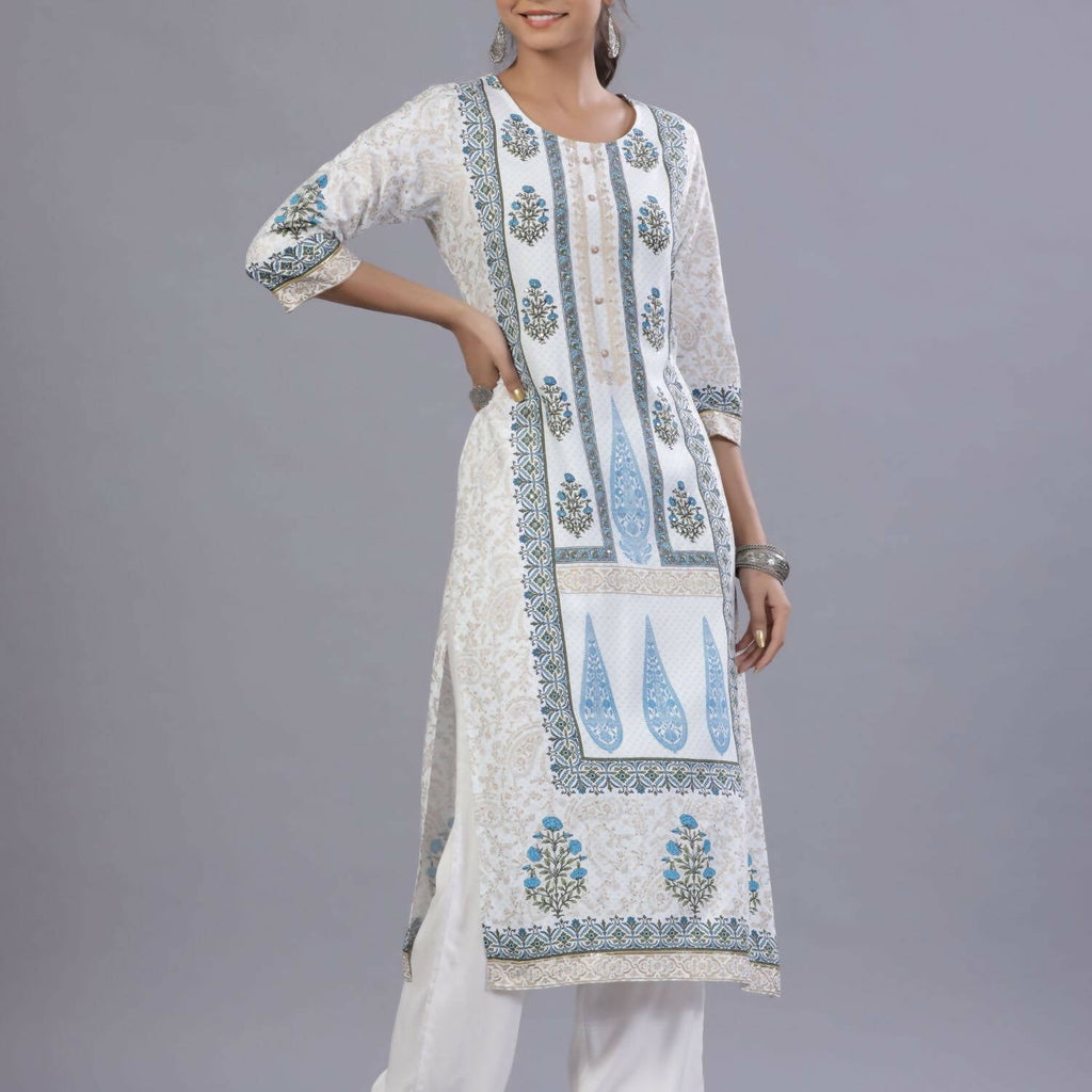 Juniper Women Blue Rayon Printed Kurta, Pants and Dupatta Set | Grocsy