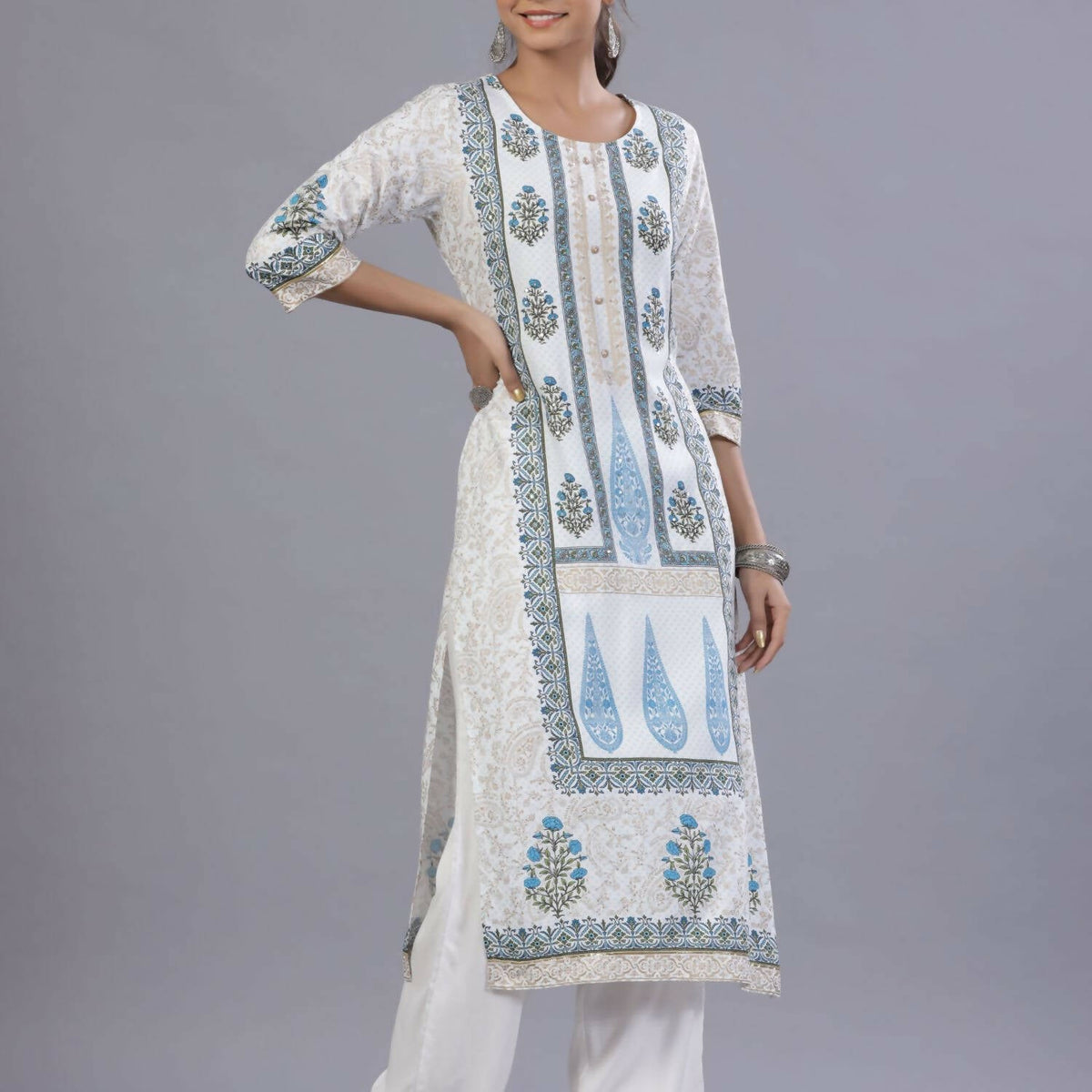 Juniper Women Blue Rayon Printed Kurta, Pants and Dupatta Set | Grocsy
