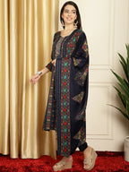 Jyoti Fashion Women's Navy Blue Pashmina Floral Digital Printed Kurta with Trouser & Dupatta | Grocsy