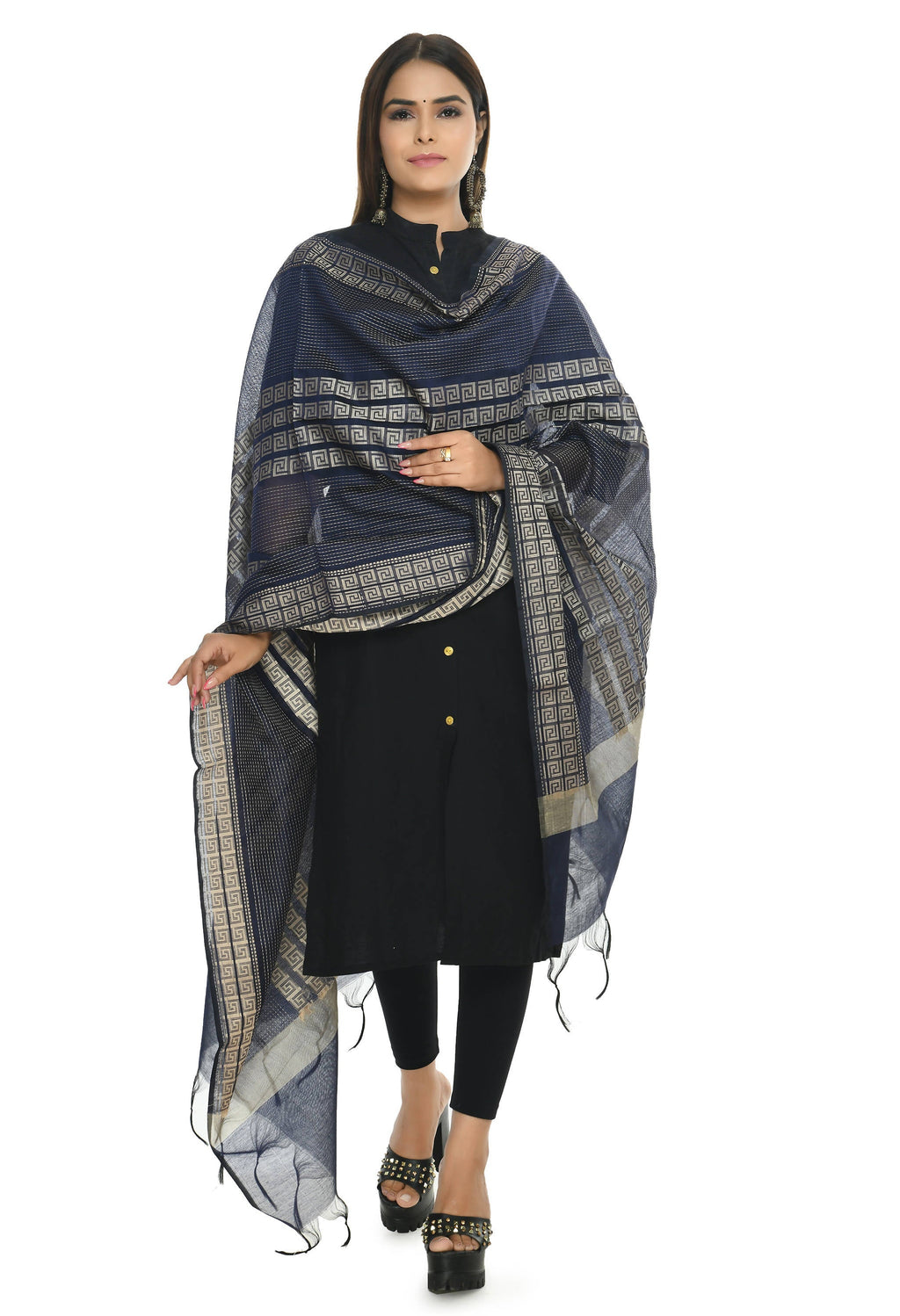 Mominos Fashion Moeza Handloom Cotton Navy Blue Dupatta | Grocsy