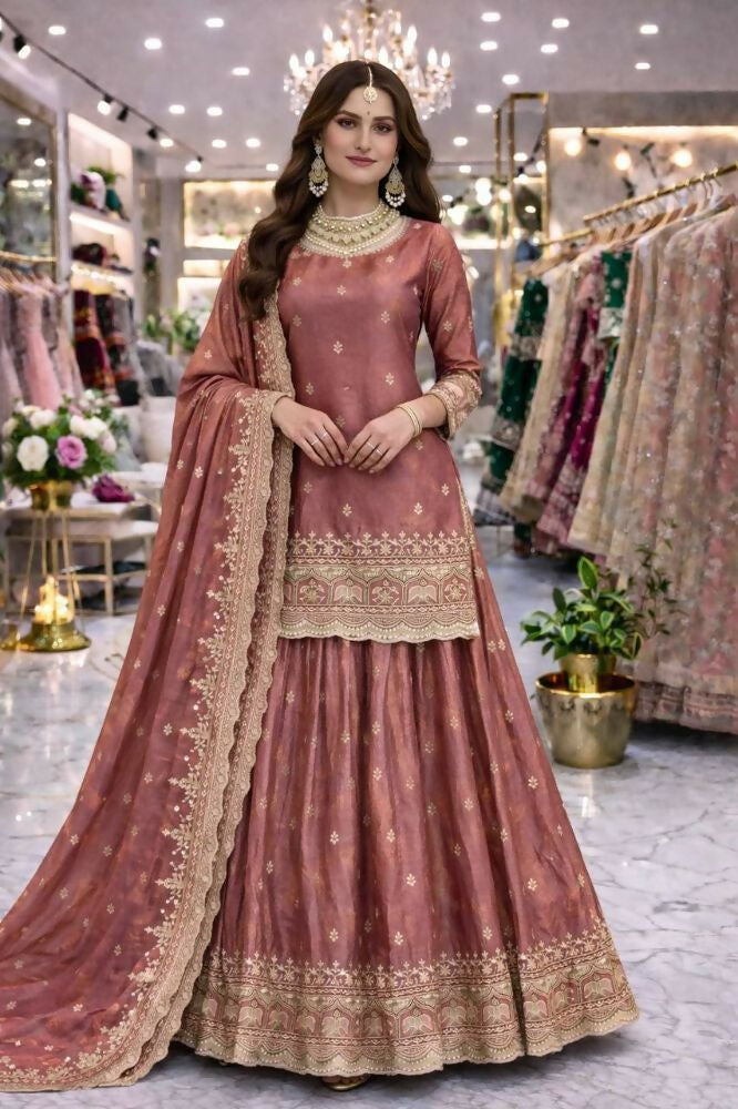 Teeya Creation Onion Color Fendy Satin Heavy Embroidery Work Wedding Wear Stitched Lehenga Choli | Grocsy