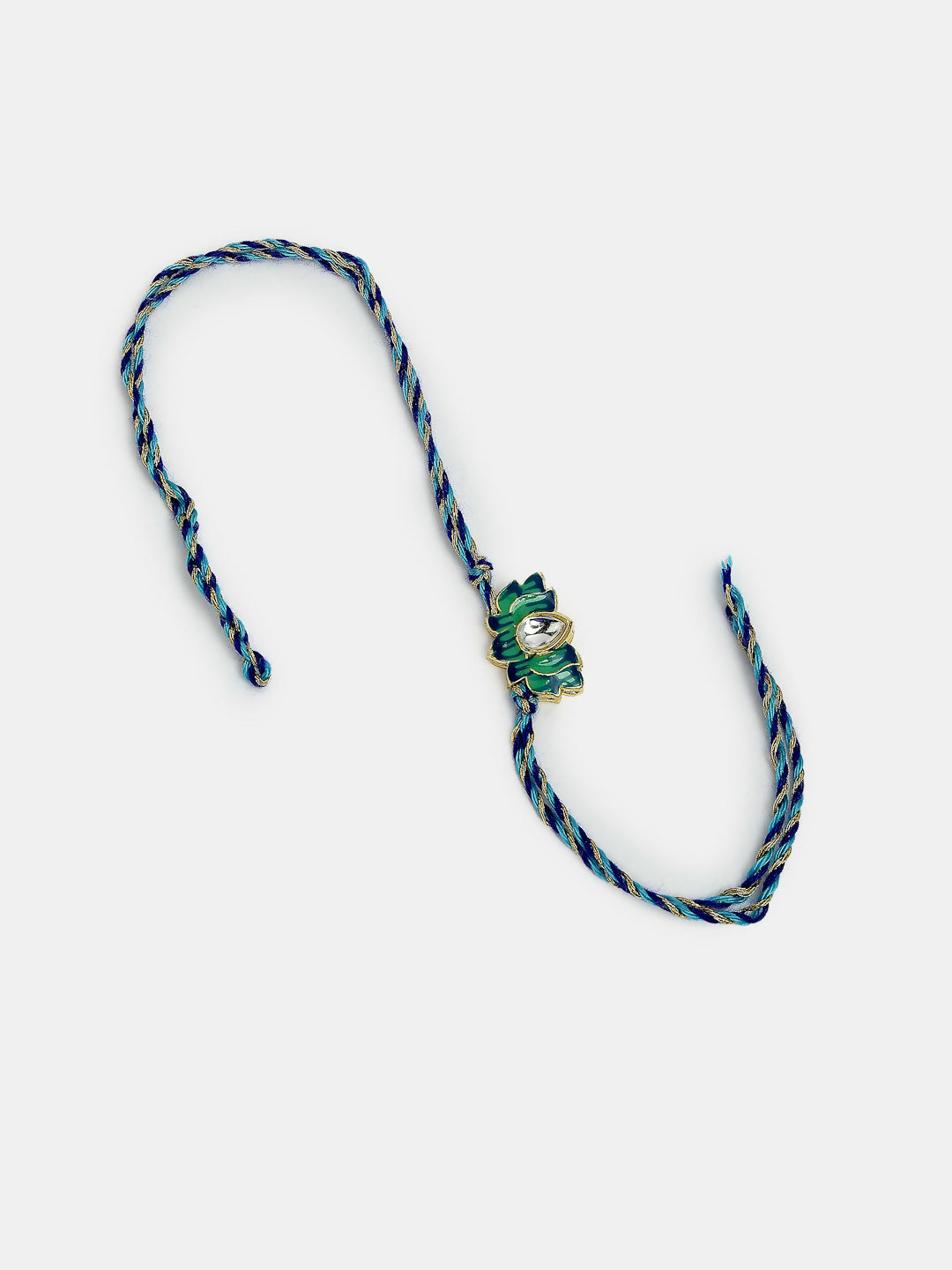NVR Women & Men Set of 2 Turquoise Blue Lotus Shape Kundan-Studded & Beaded Rakhi Set With Roli Chawal & Chocolate | Grocsy