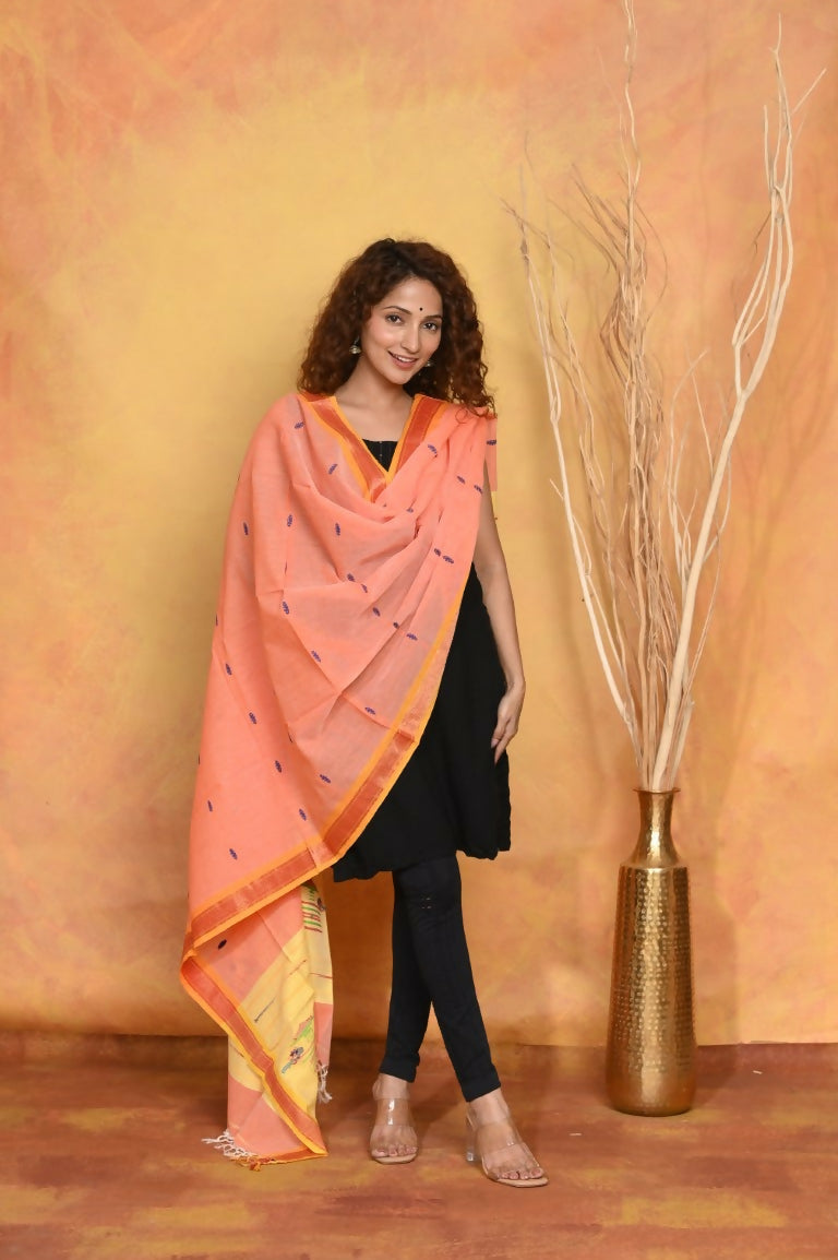 Very Much Indian Handloom Pure Cotton Paithani Dupatta Orange | Grocsy
